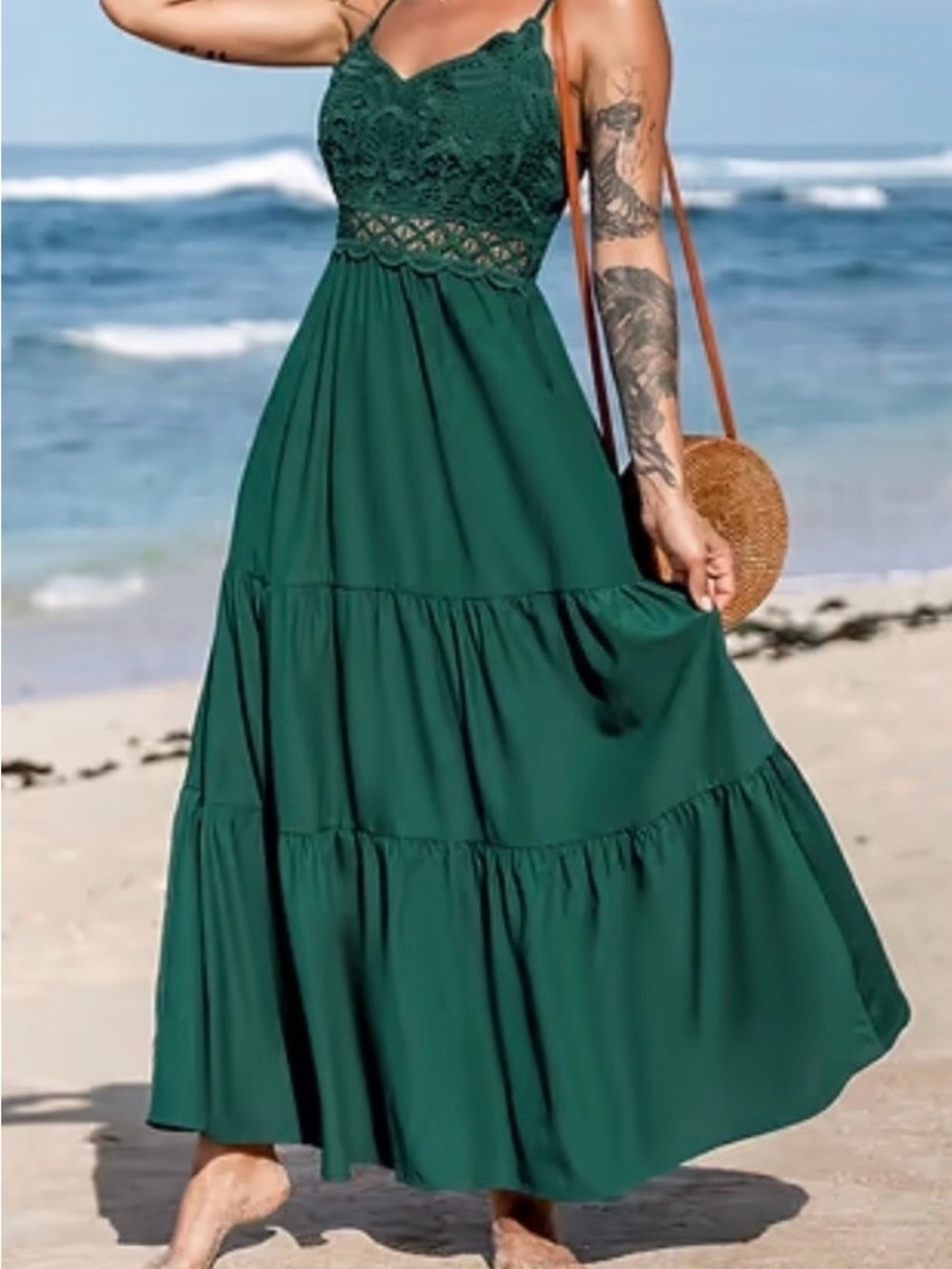 Crochet Bodice Tiered Maxi Dress in Emerald